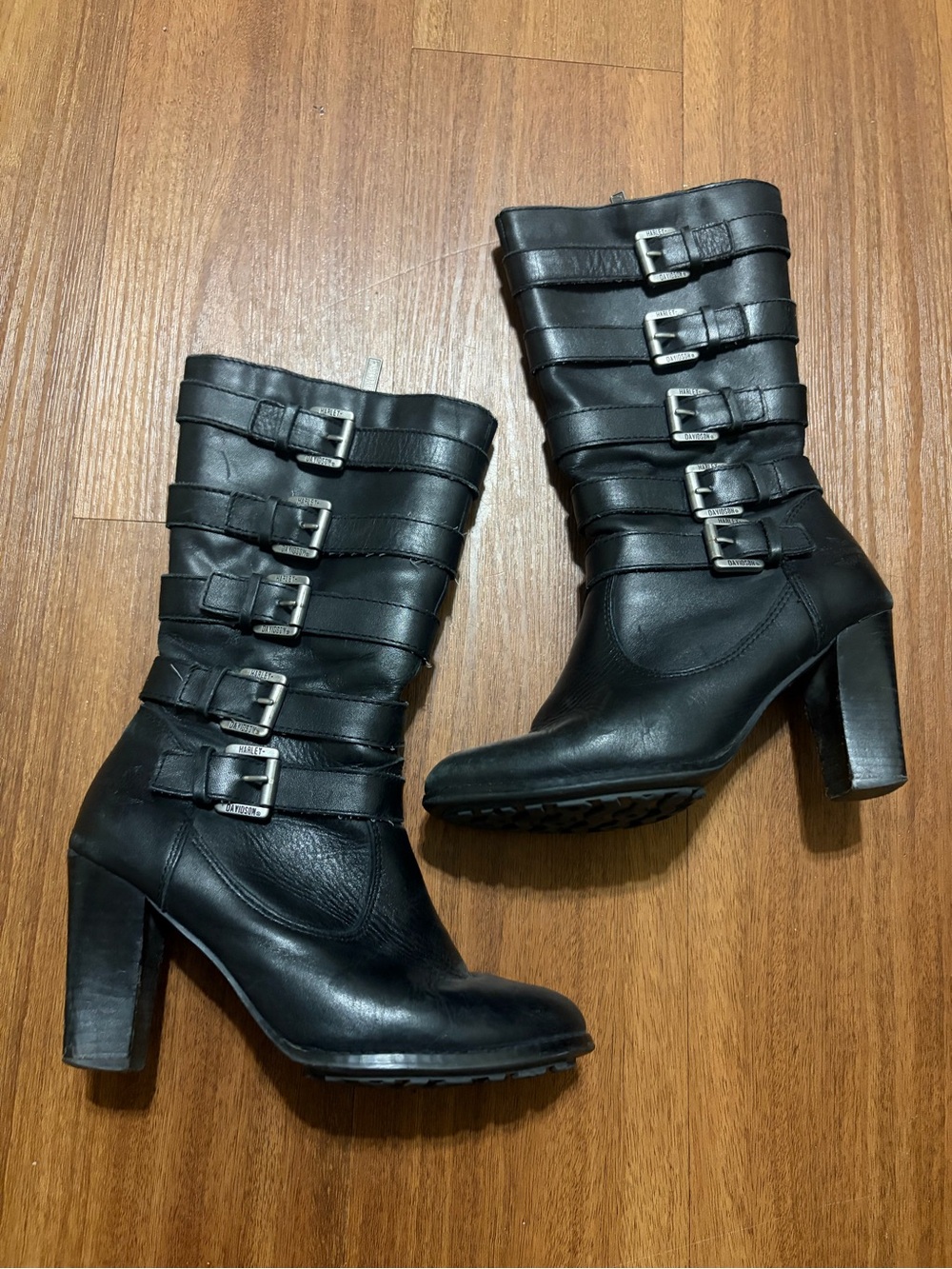 Harley-Davidson Black Buckled Mid-Calf Heeled Boots Size 6.5 Inside Zip